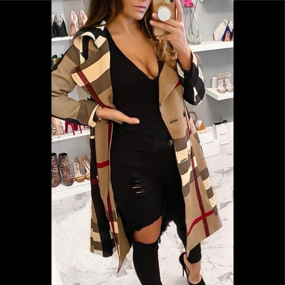 Grid Print W/ Waist Tie Fall/ Winter Trench Coat.